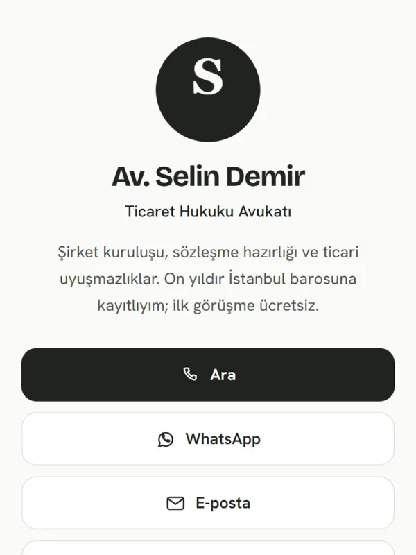 Sade temasıyla hazırlanmış Av. Selin Demir dijital kartviziti · telefon ekranındaki görünümü