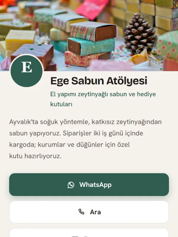 Butik temasıyla hazırlanmış Ege Sabun Atölyesi dijital kartviziti · telefon ekranındaki görünümü