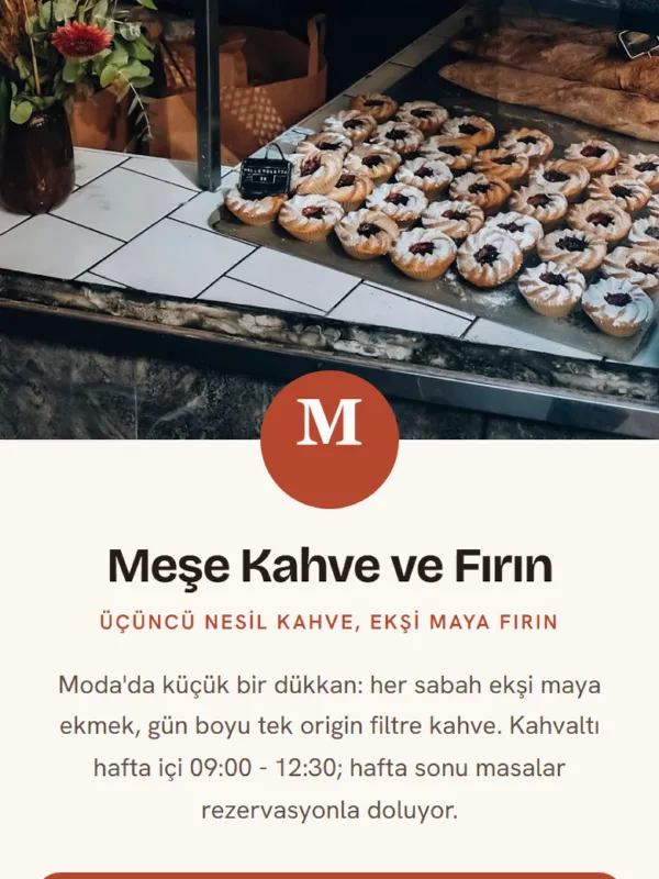 Sofra temasıyla hazırlanmış Meşe Kahve ve Fırın dijital kartviziti · telefon ekranındaki görünümü