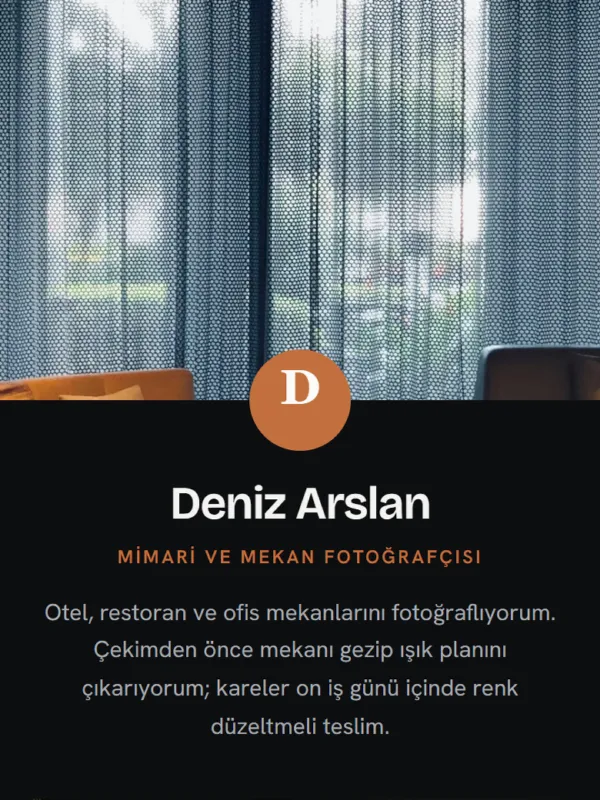 Kadraj temasıyla hazırlanmış Deniz Arslan dijital kartviziti · telefon ekranındaki görünümü