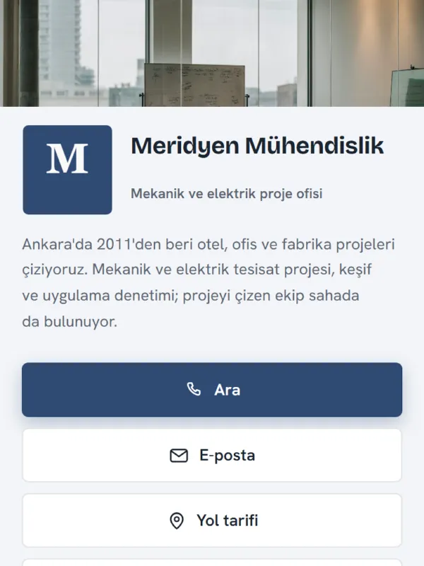 Ofis temasıyla hazırlanmış Meridyen Mühendislik dijital kartviziti · telefon ekranındaki görünümü