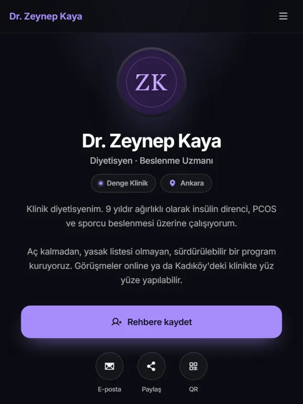 Aurora temasıyla hazırlanmış diyetisyen dijital kartviziti · telefon ekranındaki görünümü