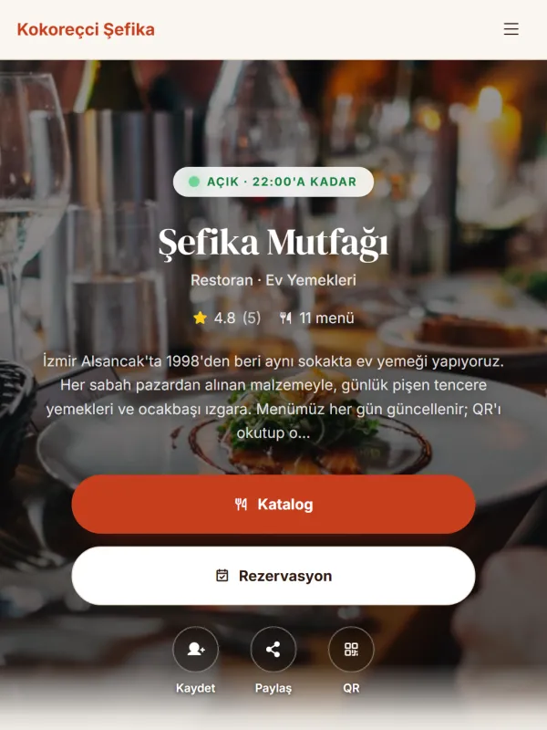Bistro temasıyla hazırlanmış restoran dijital kartviziti ve QR menüsü · telefon ekranındaki görünümü