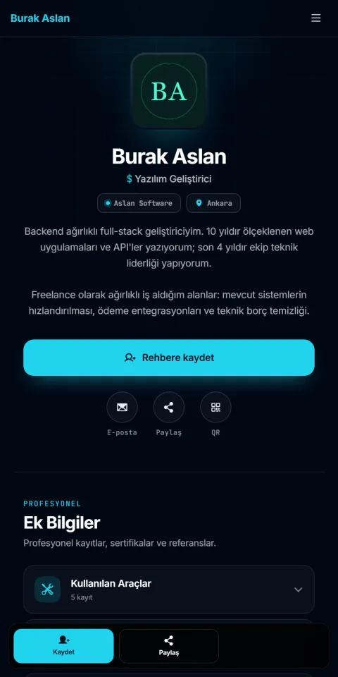 Cyber temasıyla hazırlanmış örnek dijital kartvizitin telefon görünümü
