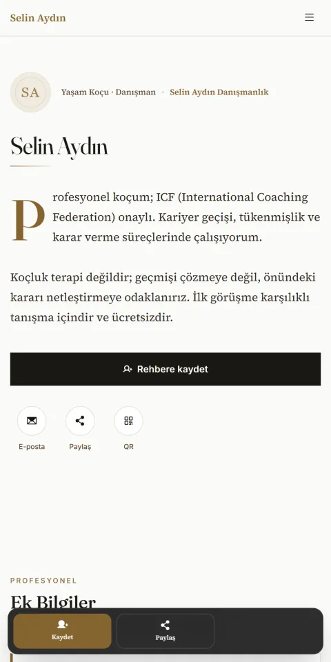 Editorial temasıyla hazırlanmış örnek dijital kartvizitin telefon görünümü