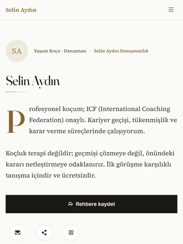 Editorial temasıyla hazırlanmış yaşam koçu dijital kartviziti · telefon ekranındaki görünümü