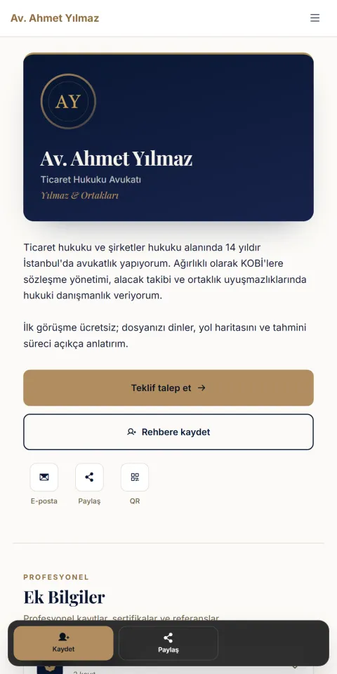 Executive temasıyla hazırlanmış örnek dijital kartvizitin telefon görünümü