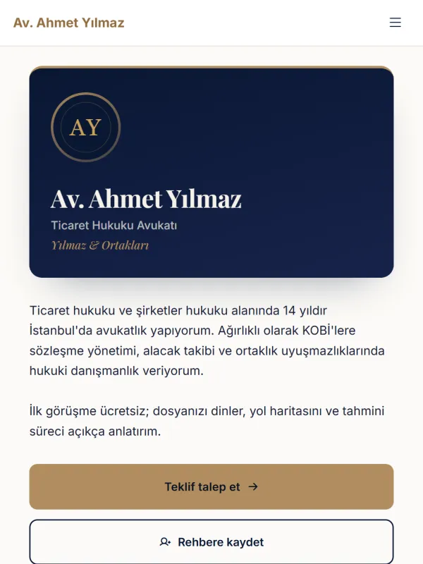 Executive temasıyla hazırlanmış avukat dijital kartviziti · telefon ekranındaki görünümü