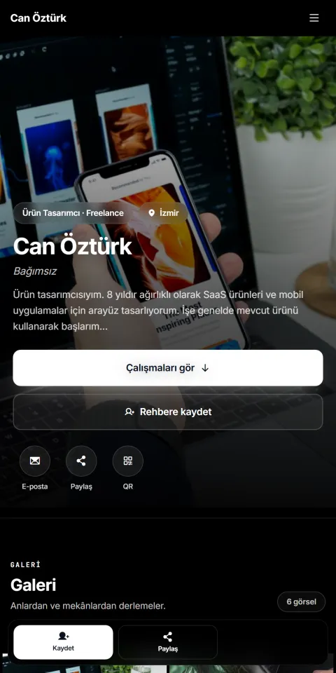 Portfolio temasıyla hazırlanmış örnek dijital kartvizitin telefon görünümü