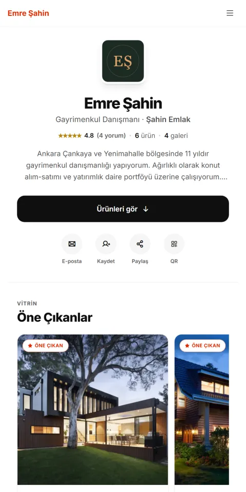 Showcase temasıyla hazırlanmış örnek dijital kartvizitin telefon görünümü