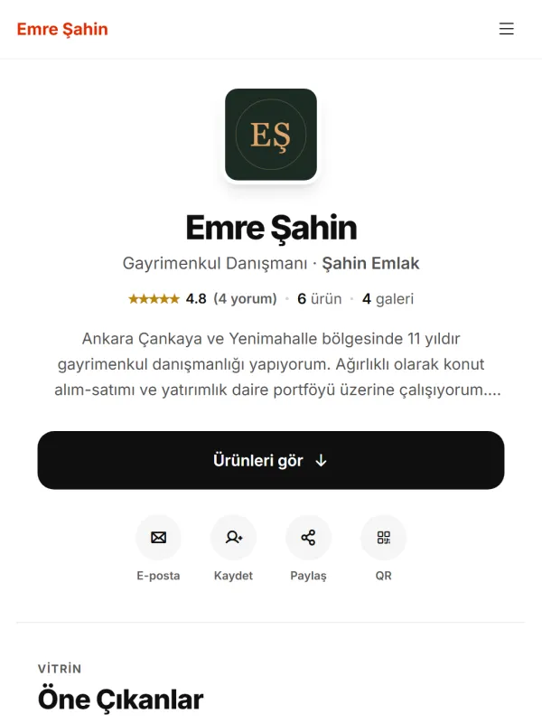 Showcase temasıyla hazırlanmış emlak danışmanı dijital kartviziti · telefon ekranındaki görünümü